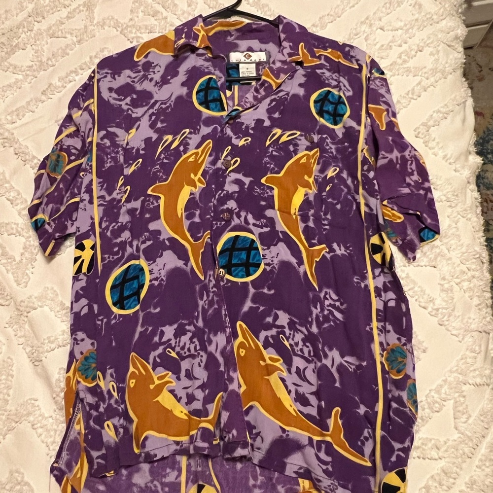 Vibrant Purple Dolphin Print Women's Button Down Shirt